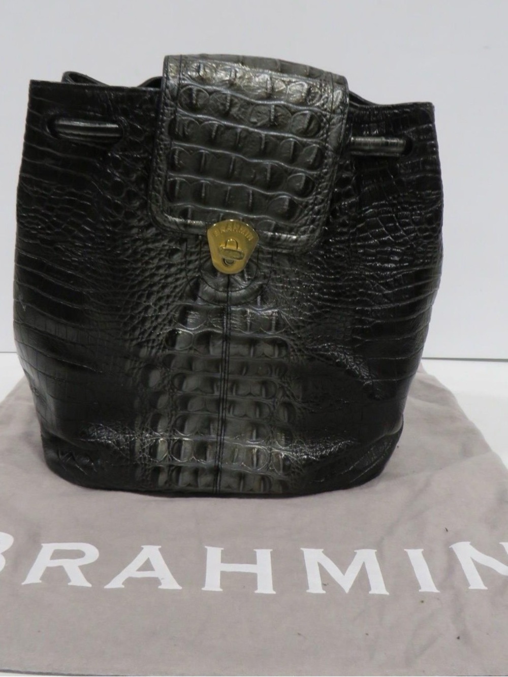Brahmin Black Croc-Embossed Drawstring Bucket Bag with Gold Hardware